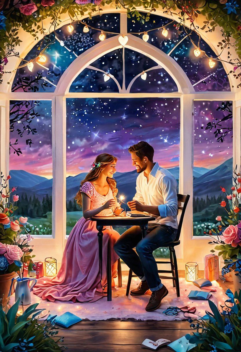 A whimsical scene depicting a couple crafting their love story, surrounded by magical elements like glowing hearts, twinkling stars, and soft, colorful lights. Show a cozy environment with art supplies and romantic decorations, symbolizing creativity and passion in romance. The couple is smiling, engaged in their craft, embodying joy and connection. The background features a dreamy landscape that inspires enchantment and devotion. vibrant colors. painting.