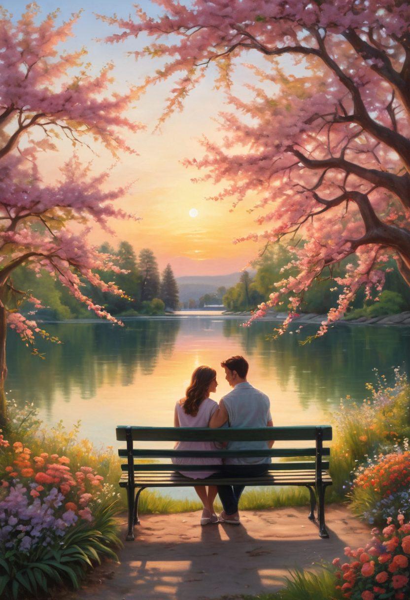 A romantic scene featuring a couple sitting on a park bench, sharing a tender moment with intertwined hands, surrounded by blooming flowers and soft sunlight filtering through trees. The background should depict a serene lake reflecting the colors of sunset, symbolizing deep emotional connections and love blossoming. Soft pastel colors. super-realistic. vibrant colors.