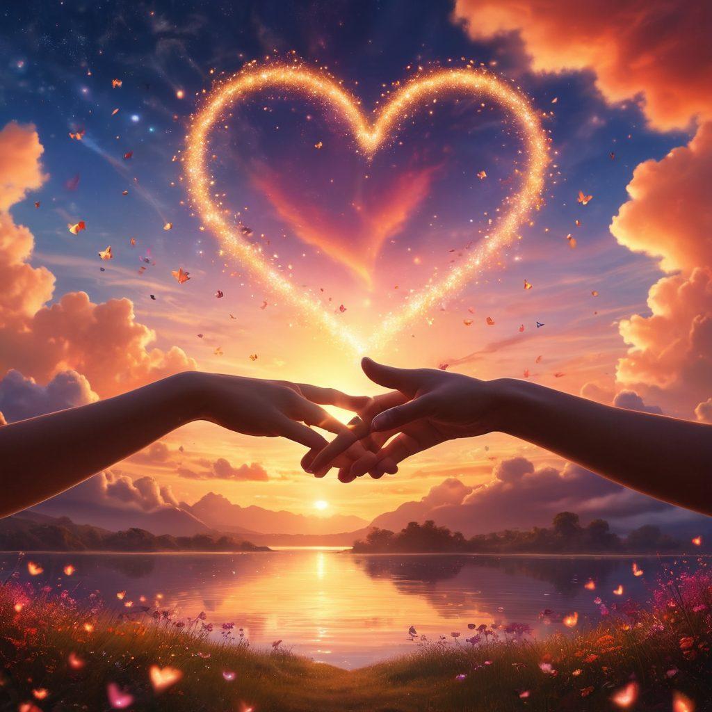 A mesmerizing scene of a couple holding hands, surrounded by a glowing aura of sparkles and hearts, symbolizing enchanting connections. The background features a warm sunset with soft clouds, reflecting feelings of love and passion. Include delicate butterflies fluttering around, enhancing the enchantment of the moment. super-realistic. vibrant colors. romantic atmosphere.